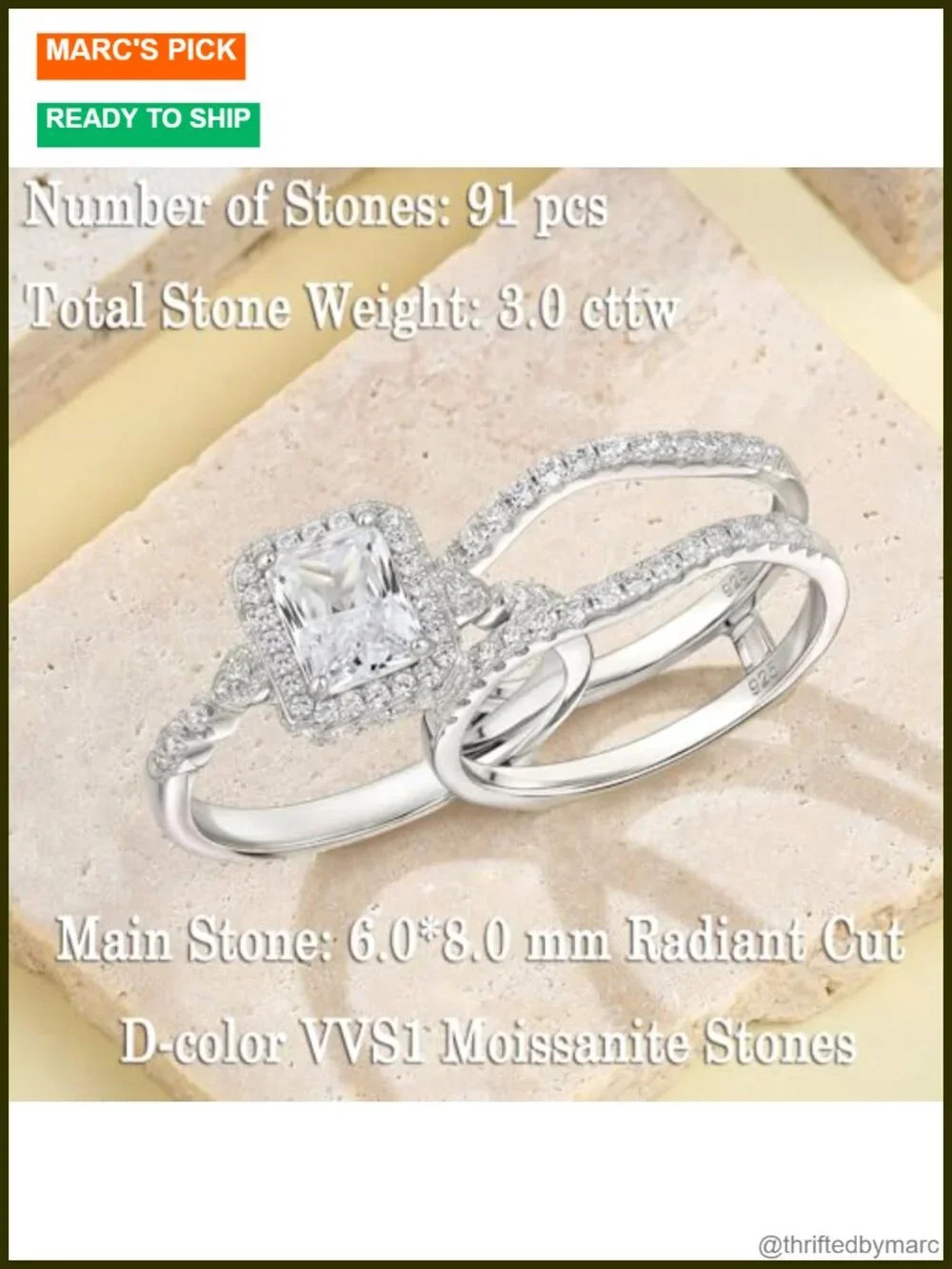 Sterling Silver Moissanite Bridal Set Radiant Cut Wedding Rings